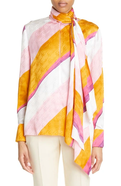 Shop Fendi Stripe Tie Neck Silk Blouse In Multicolor