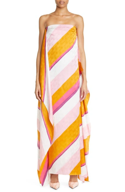 Shop Fendi Stripe Asymmetric Hem Strapless Silk Maxi Dress In Multicolor