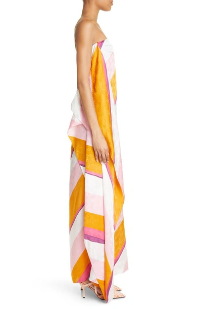 Shop Fendi Stripe Asymmetric Hem Strapless Silk Maxi Dress In Multicolor