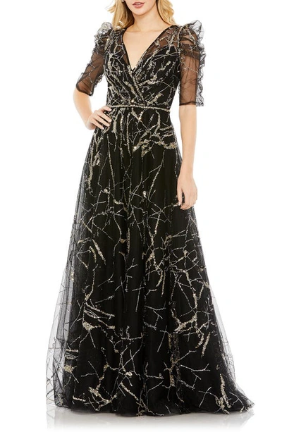 Shop Mac Duggal Sequin Puff Sleeve Tulle A-line Gown In Black