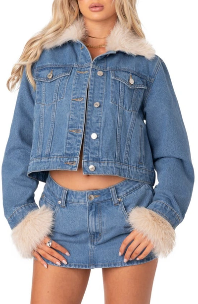 Shop Edikted Drew Faux Fur Trim Denim Jacket In Blue