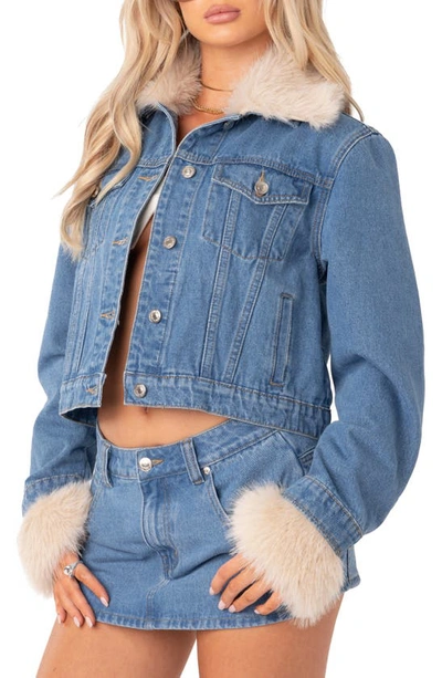 Shop Edikted Drew Faux Fur Trim Denim Jacket In Blue