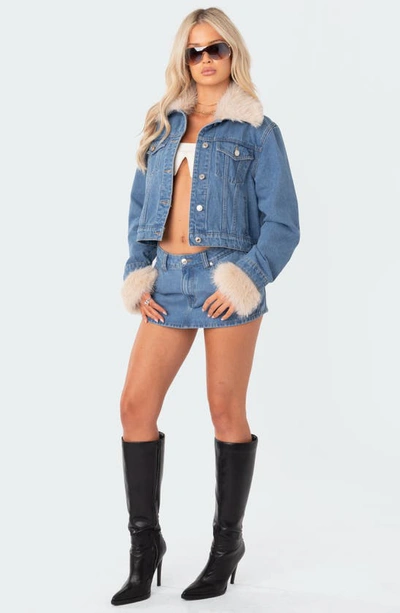 Shop Edikted Drew Faux Fur Trim Denim Jacket In Blue