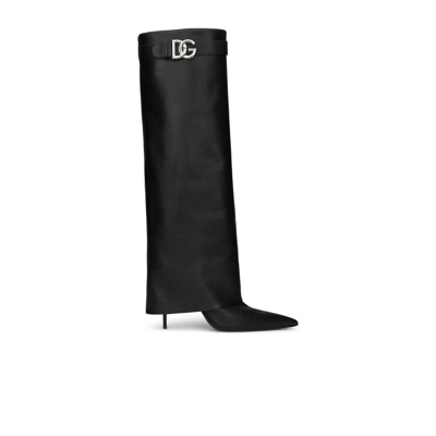 Shop Dolce & Gabbana Logo Leather Knee-high Boots - Women's - Goat Skin/lambskin/rayonspandex/elastane In Black