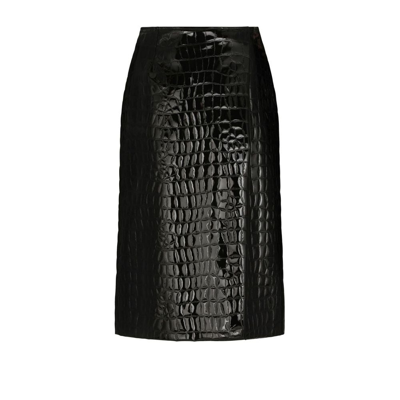 Shop Dolce & Gabbana Black Alligator Print Faux Leather Midi Skirt