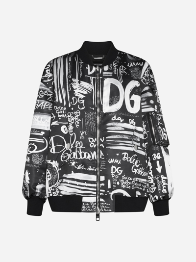 Shop Dolce & Gabbana Logo Print Nylon Bomber Jacket In Black,white