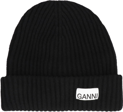 Shop Ganni Ribbed Knit Beanie In Black