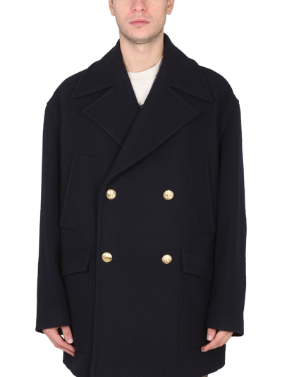 Shop Palm Angels Double-breasted Coat In Blu