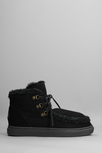 Shop Mou Snaker Lace-up Low Heels Ankle Boots In Black Suede