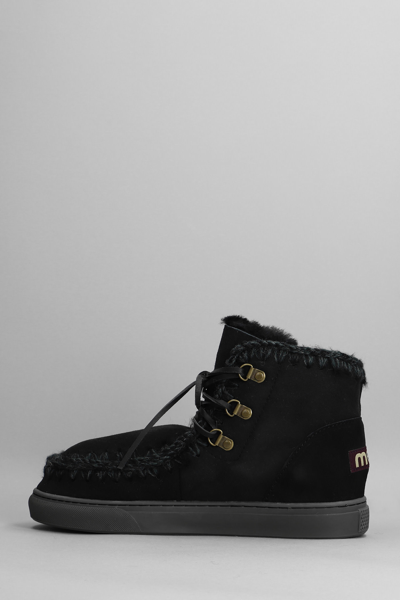 Shop Mou Snaker Lace-up Low Heels Ankle Boots In Black Suede