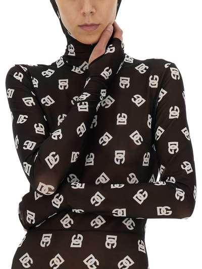 Dolce & Gabbana Marquisette Jumpsuit With Hood And Logo Print In Nero