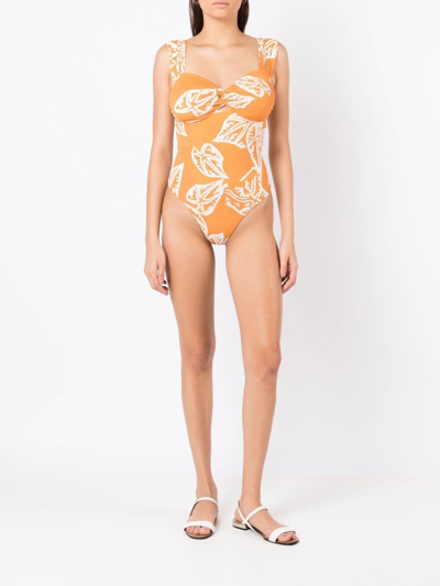 Shop Clube Bossa Margareta Leaf-print Swimsuit In Orange