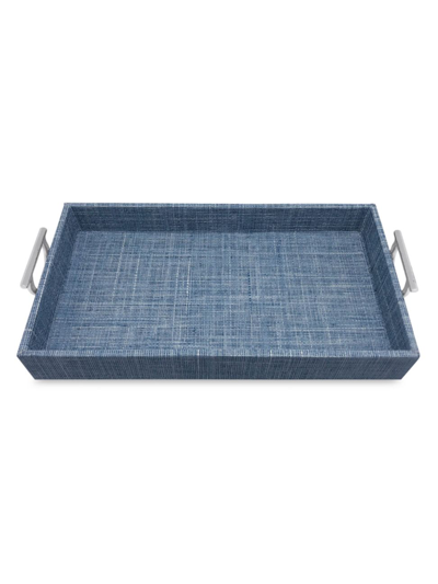 Shop Mariposa Faux Grasscloth Metal Handled Tray In Blue