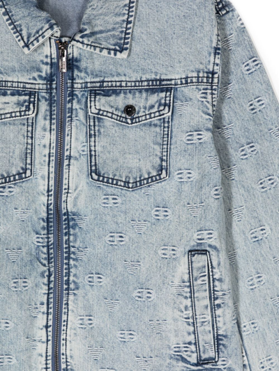 Shop Emporio Armani Monogram Zipped Denim Jacket In Blue