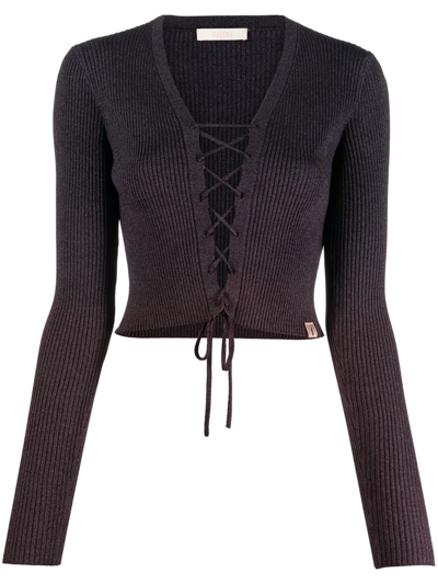 Shop Ssheena Lace-up Ribbed Cardigan In Purple