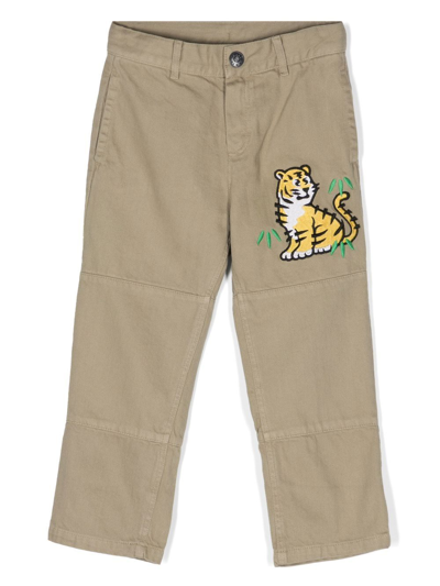 Shop Kenzo Tiger-motif Straight-leg Trousers In Neutrals