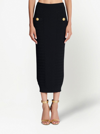 Balmain Black Plain Ribbed Knit Midi Skirt In Black