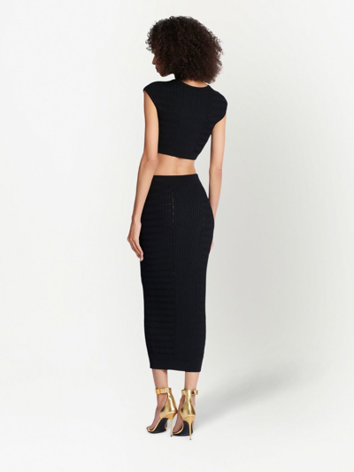 Balmain Black Plain Ribbed Knit Midi Skirt In Black