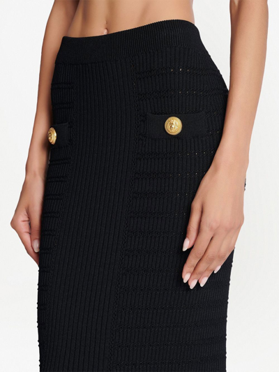 Balmain Black Plain Ribbed Knit Midi Skirt In Black