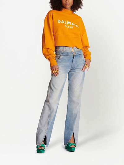 Shop Balmain Logo-print Organic-cotton Sweatshirt In Orange