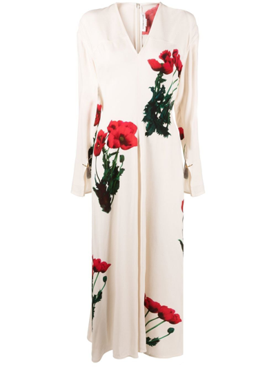 Victoria Beckham Floral Midi Dress In Neutrals
