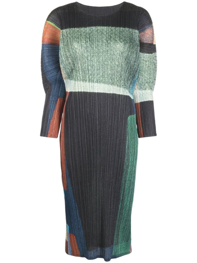 Issey Miyake Colour-block Printed Technical-pleated Midi Dress In