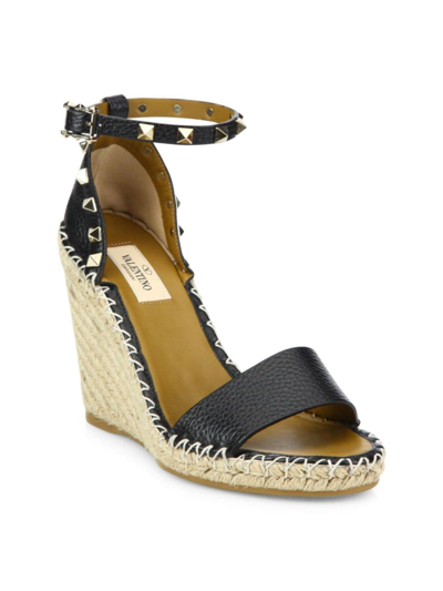 Shop Valentino Women's Core Rockstud Leather Wedge Sandals In Nero