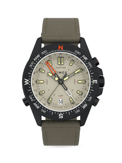 Shop Timex Men's Expedition North Tide-temp-compass Stainless Steel & Leather Strap Watch In Green Black