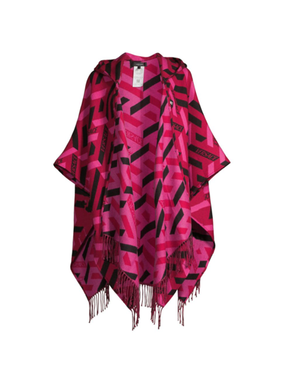Versace La Greca Fringed Wool Poncho In Pink | ModeSens