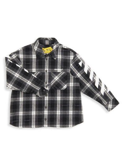 Shop Off-white Little Boy's & Boy's Helvetica Diagonal Check Flannel Shirt In Black White