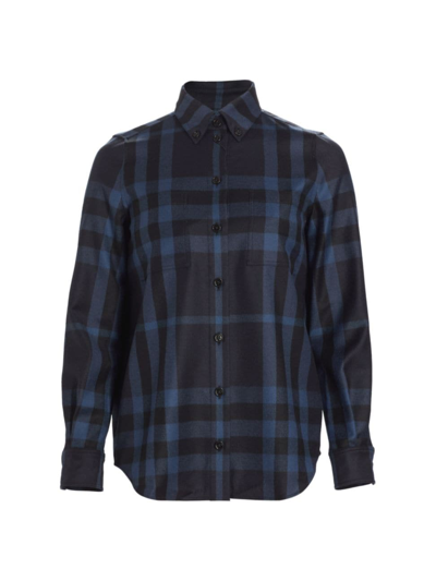 Shop Burberry Women's Check Wool Button-down Shirt In Dark Charcoal Blue