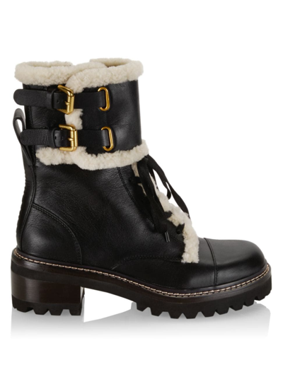 Shop See By Chloé Women's Mallory Shearling-lined Leather Combat Boots In Black