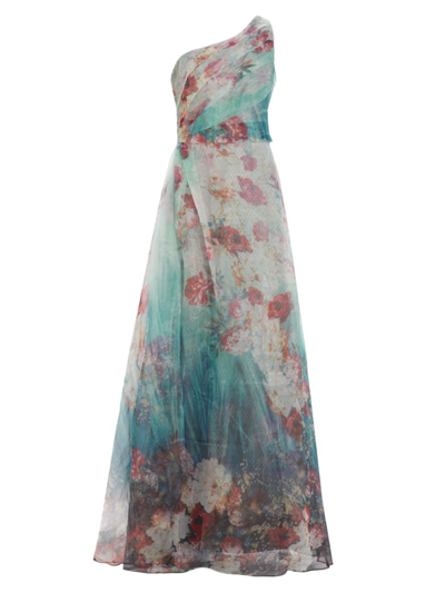 Shop Rene Ruiz Collection Women's One-shoulder Floral Print Gown In Aqua Multi