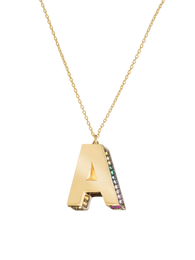 Shop Charms Company Women's Initials 14k Yellow Gold & Sapphire 3d Pendant Necklace In Initial A