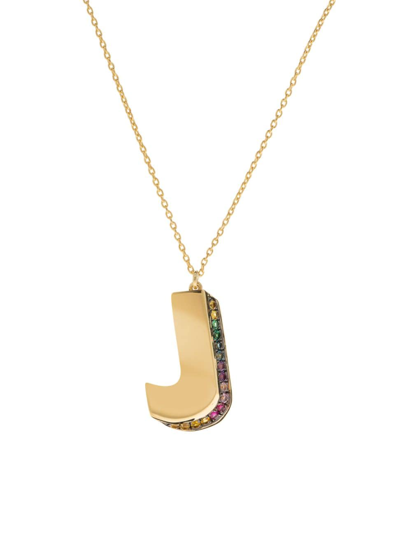Shop Charms Company Women's Initials 14k Yellow Gold & Sapphire 3d Pendant Necklace In Initial J