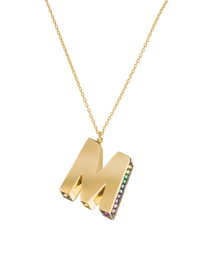 Shop Charms Company Women's Initials 14k Yellow Gold & Sapphire 3d Pendant Necklace In Initial M