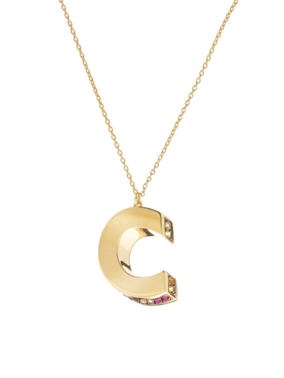 Shop Charms Company Women's Initials 14k Yellow Gold & Sapphire 3d Pendant Necklace In Initial C