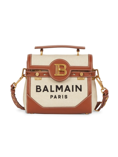 Shop Balmain Women's B-buzz 23 Canvas & Leather Top Handle Bag In Naturel Marron