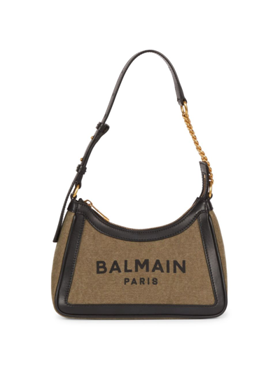 Shop Balmain Women's B-army Canvas & Leather Logo Shoulder Bag In Kaki Noir