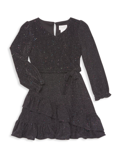 Shop Blush By Us Angels Little Girl's & Girl's Sparkle Knit Faux Wrap Dress In Black