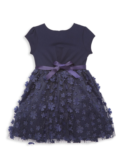 Shop Blush By Us Angels Little Girl's & Girl's Embroidered 3d Flower Mesh Dress In Navy