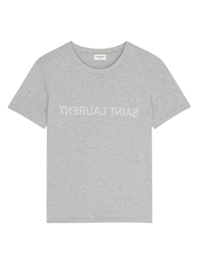 Shop Saint Laurent Men's Backward Logo T-shirt In Grey Natural