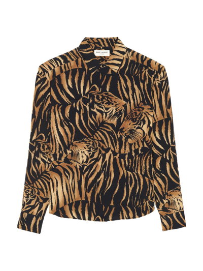 Shop Saint Laurent Men's Tiger Silk Button-up Shirt In Fauve