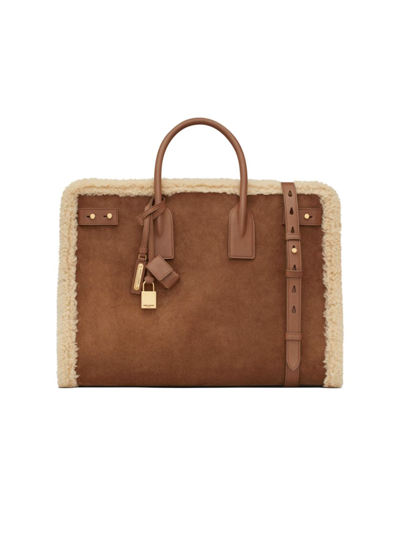 Shop Saint Laurent Men's Sac De Jour Thin Large In Shearling And Suede In Brown