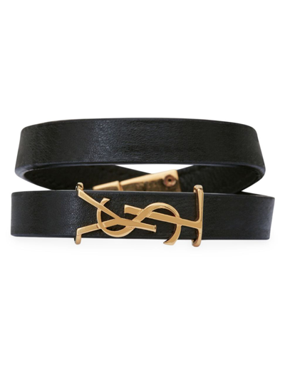 Shop Saint Laurent Men's Leather & Goldtone Metal Wrap Bracelet In Nero