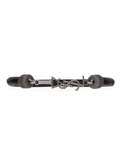 Shop Saint Laurent Men's Opyum Bracelet In Crinkled Leather And Metal In Black