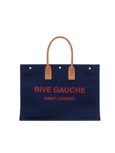 Shop Saint Laurent Men's Rive Gauche Large Tote Bag In Canvas In Blue