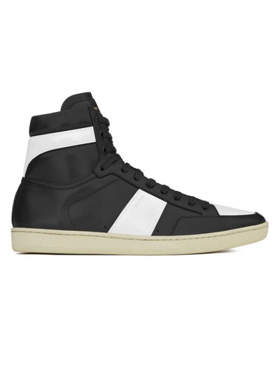 Shop Saint Laurent Men's Court Classic Leather High-top Sneakers In Black White
