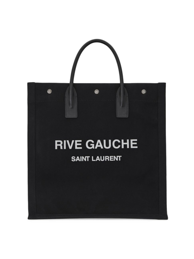 Shop Saint Laurent Men's Rive Gauche North/south Tote Bag In Printed Canvas And Leather In Bianco Nero
