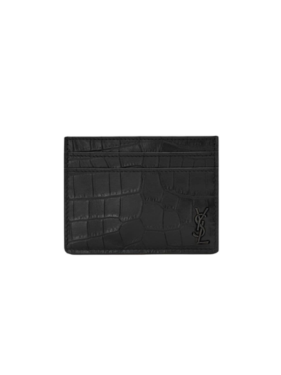 Shop Saint Laurent Men's Embossed Leather Cardholder In Nero